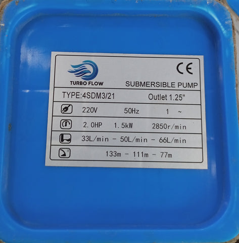 TURBO FLOW SUBMERSIBLE PUMP 1.5 KW 2 HP 4SDM3/21 BRASS