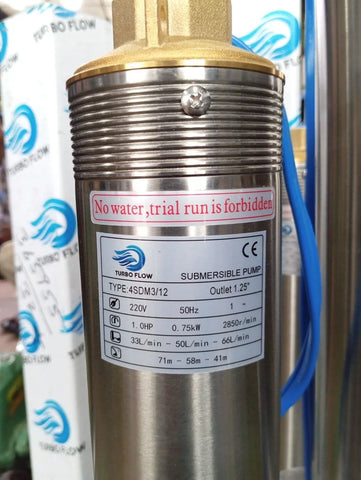 Turbo Flow submersible pump with label on a blurred background