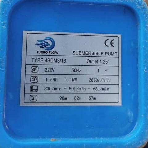 TURBO FLOW SUBMERSIBLE PUMP 1.1 KW 1.5 HP 4SDM3/16 BRASS